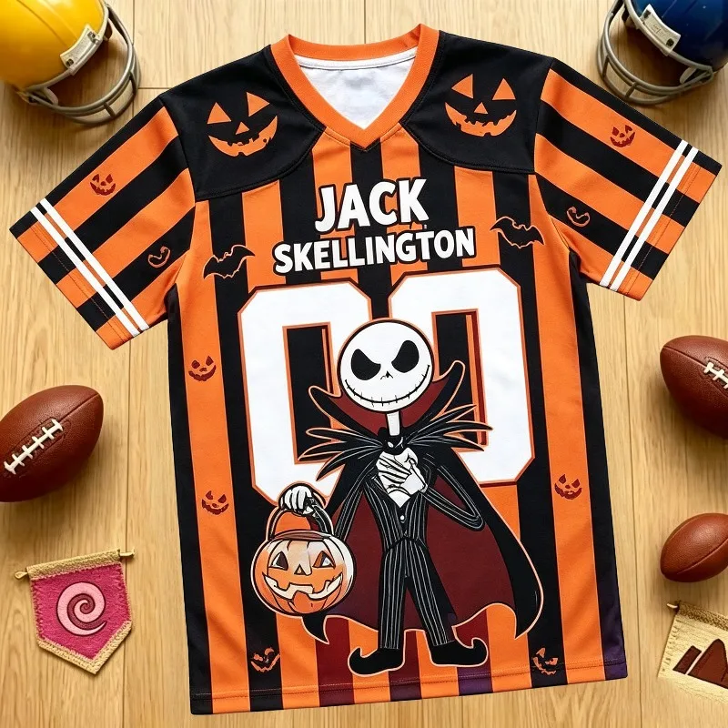 Halloween Cartoon Jack Skellington Graphic Football Jersey Men Y2K Oversized Breathable Street Athletic Short Sleeve Tops