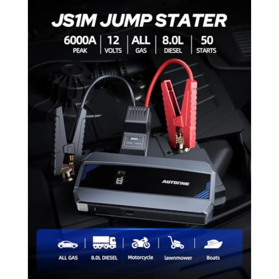 Portable 6000A Car Jump Starter Battery Booster for All Gas 10L Diesel Vehicles 12V Lithium Jump Box with Smart Jumper Cables L