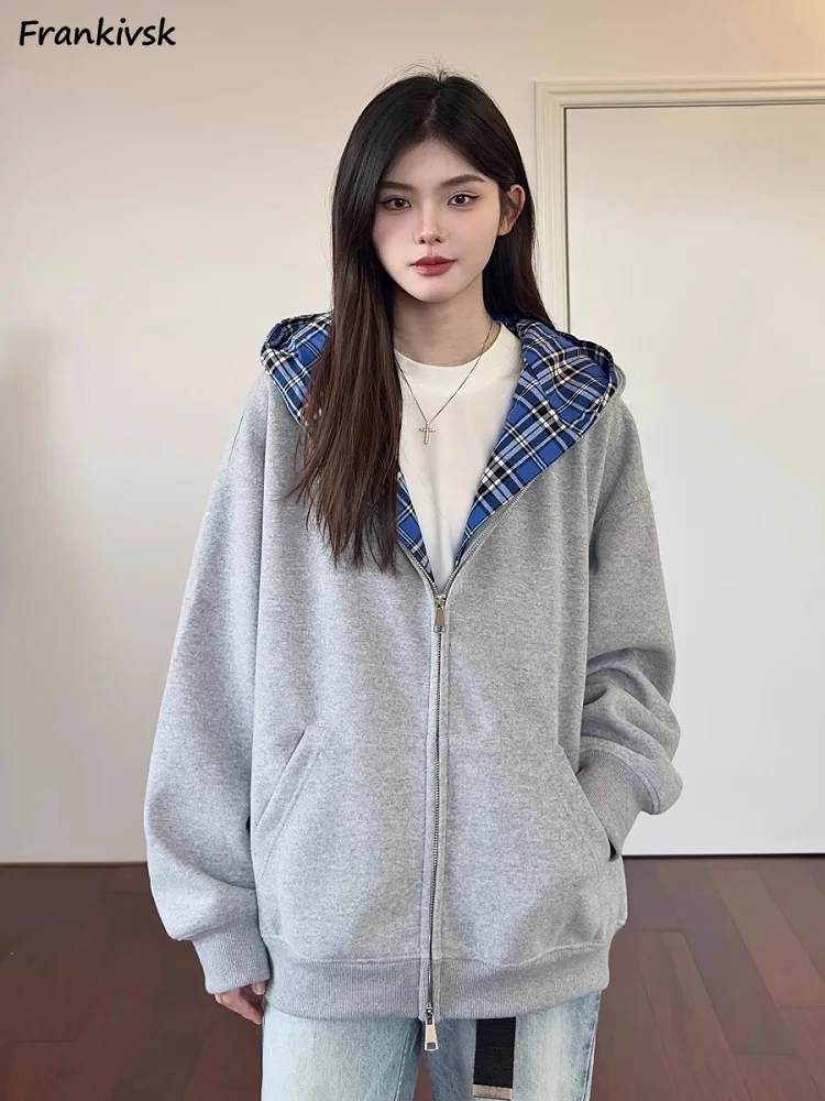 Plaid Zip Up Hoodies Women Baggy Soft American Retro Couples Outwear Personality All-match Casual High Street Chic Худи Clothes