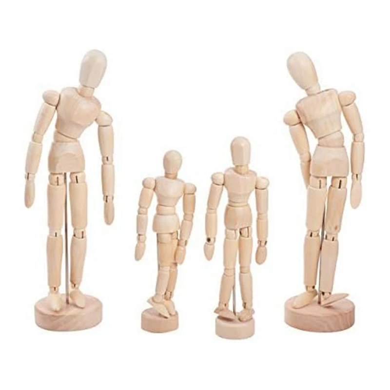 

4Piece Wooden Manikin Blockhead Wood Artist Figure Doll Model For Sketch Charcoal Home Office Desk Decoration Gift