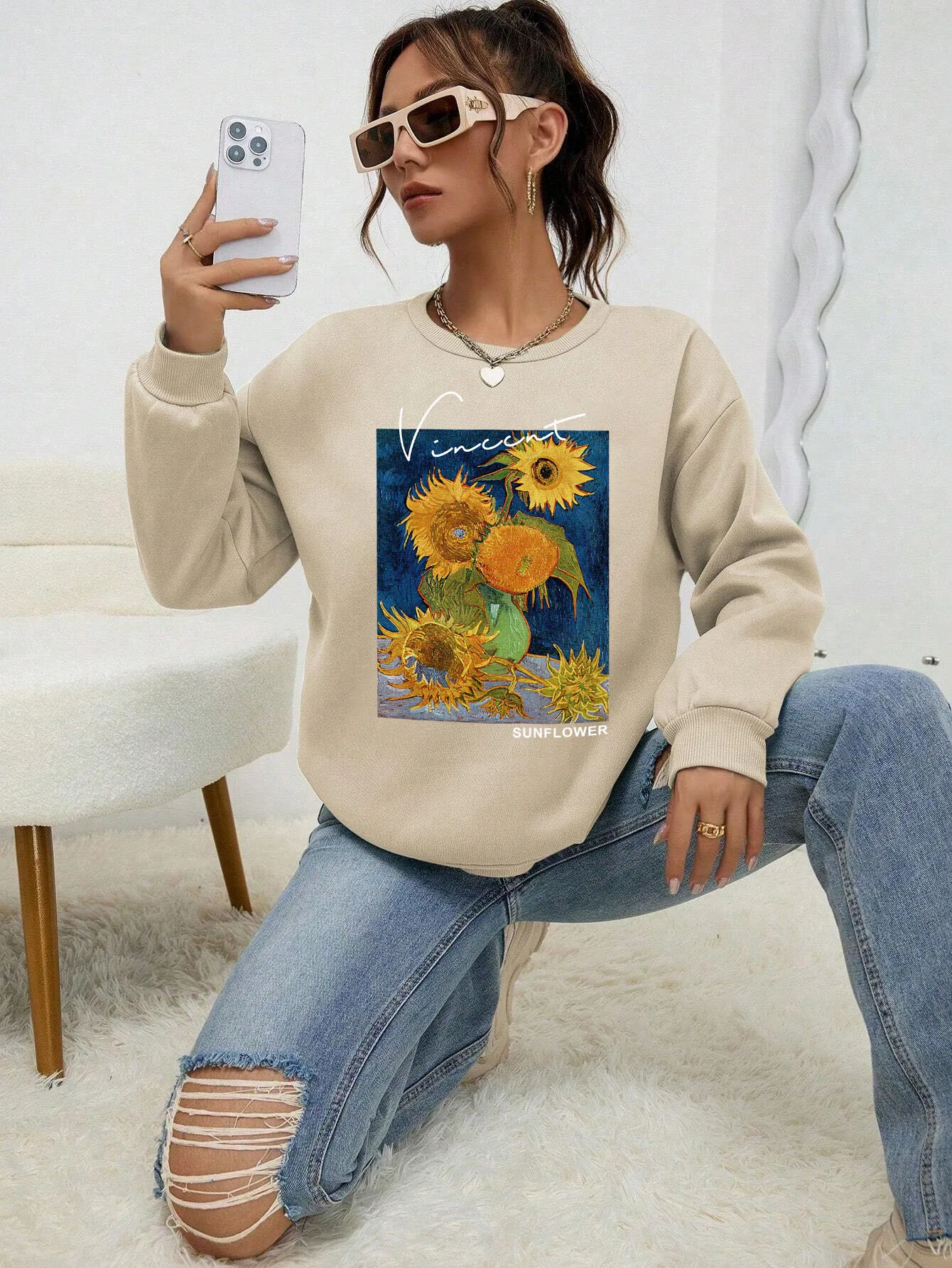 Van Gogh nadruk słonecznika damskie bluzy jesień nowa bluza kreatywna wygodna bluza z kapturem Street miękki polar damska odzież sportowa