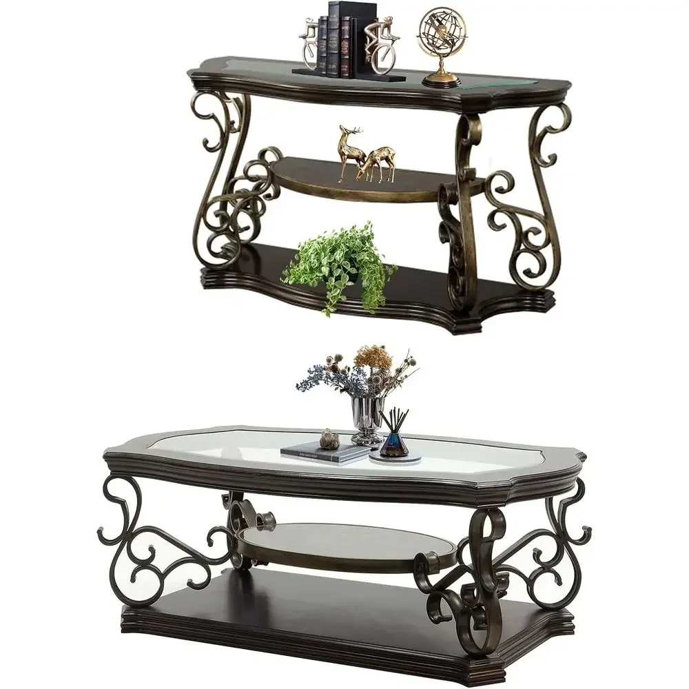 

Retro Coffee Table Set for Modern Living Room, Traditional 3-Tier Table with Glass Top and Storage Shelf