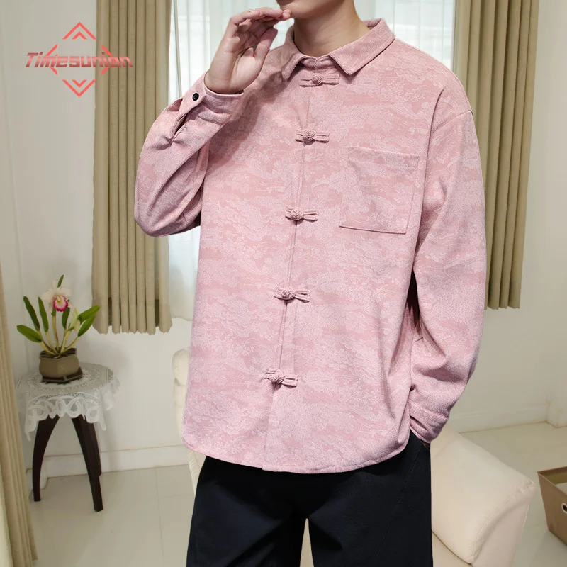 

Мужская осенне-зимняя вельветовая рубашка в китайском стиле на пуговицах, большой размер, ретро воротник, костюм Тан, куртка ханьфу