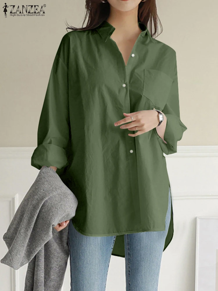 ZANZEA 캐주얼 긴 소매 Chemise Femme Turn-Down Colar Oversize Woman Rounded Hem Camisas 2025 봄 스트리트웨어 롱 셔츠
