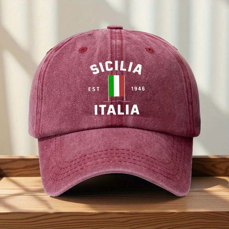 Herren-Baseballkappe mit italienischer Flagge |   Maroon mit Sicily EST 946, leichter, atmungsaktiver, lässiger Outdoor-Sonnenhut, sechsteilig, strukturiert