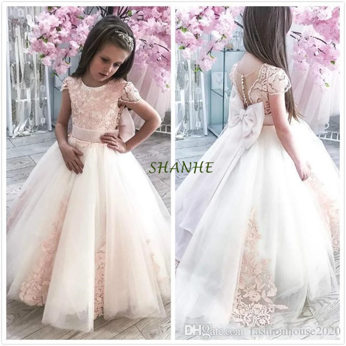 New Lovely Flower Girls Dresses For Weddings Jewel Neck Cap Sleeves Lace Appliques Big Bow Little Kids Holy First Communion Dres