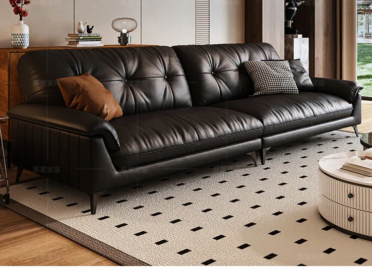 Sofa first layer cowhide size apartment living room black buckle straight row sofa