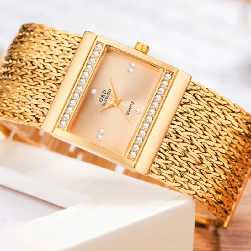 Relojes de pulsera de acero inoxidable para mujer, pulsera femenina de diseño cuadrado, color dorado, marca famosa, 2024