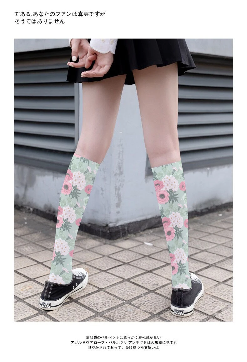 Female Summer Sun Protection Calf Socks Fashion Casual Girl JK Stockings Spring Autumn Thin Silk Flower Print Mid Tube Socks