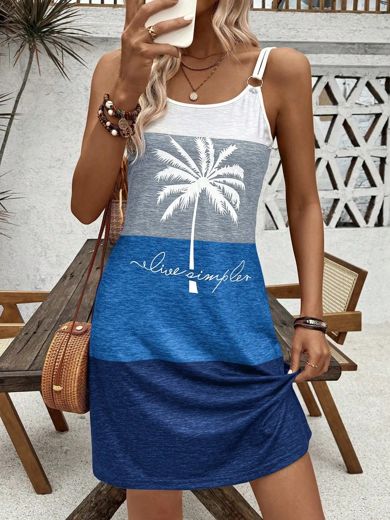 

Color Block Palm Tree Print Tank Dress for Beach Vacation, Women's Summer Casual Outfit