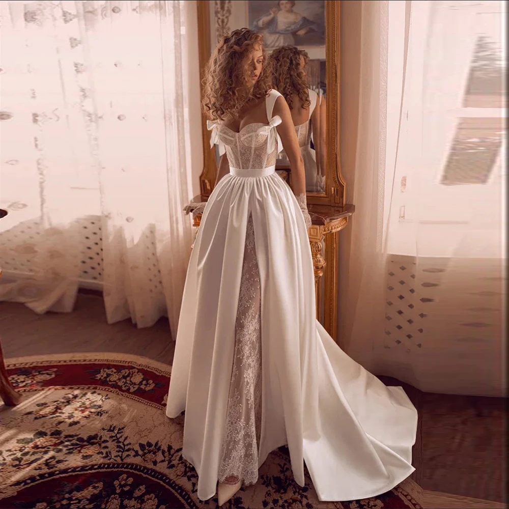 A-line Wedding Dress Princess Spaghetti Straps Satin Bridal Dress Elegant Handmade Bow Bride Gown Vestidos De Novia Customized