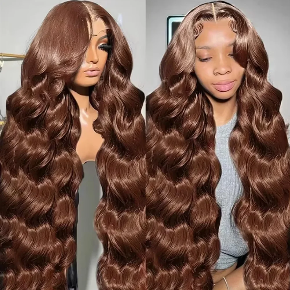 

40 46 Inch Body Wave Wigs #4 Chocolate Highlight Colored 13x6 HD Transparent Lace Frontal Wig Brazilian Hair Wig 100% Human Hair
