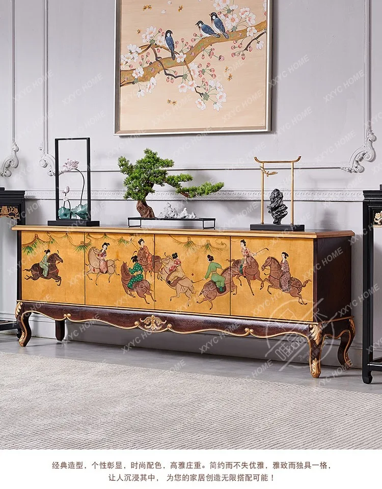 DV  New Chinese-style painted high-end all-solid wood floor cabinet walnut living room combination coffee table TV cabinet