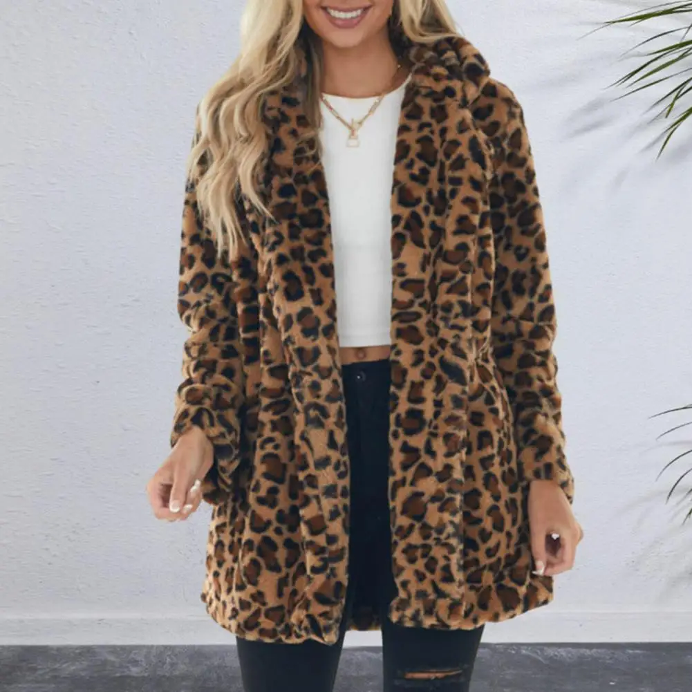 Imitation Fur Jacket Leopard Print Plush Coat for Women Stylish Windproof Mid Length Overcoat with Pockets Lapel Women Faux Fur