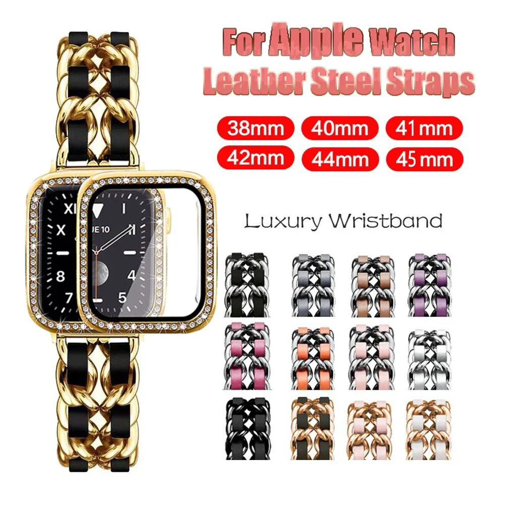 Women Luxury Strap+Diamond Case for Apple Watch Band 45mm 44mm 42mm 41mm Leather Steel Bracelet for IWatch Series 9 8 7 6 SE 5 4