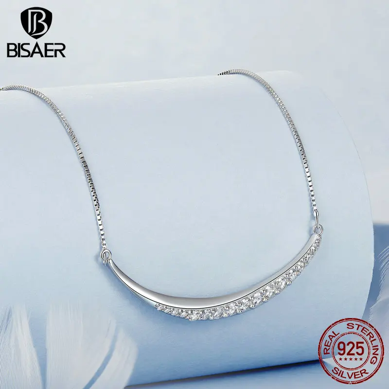 BISAER 925 Sterling Silver księżyc buźka naszyjnik Dream Pavé Zircon łańcuszek dla kobiety szlachetna biżuteria prezent na walentynki