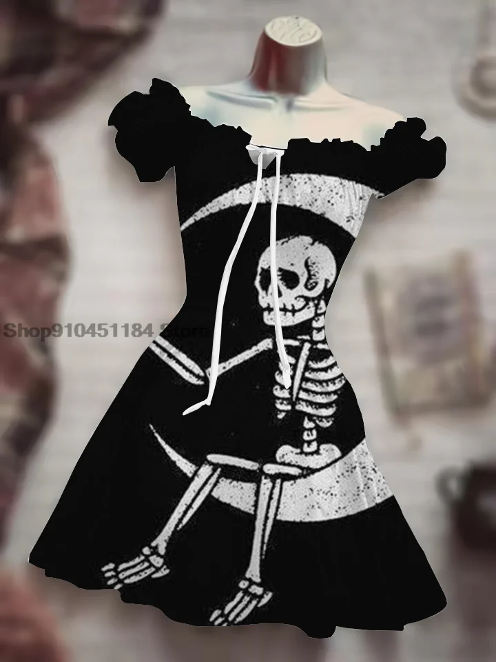 2022 Horror Smile Halloween Black Costume Hawaiian Boho abito manica corta Skull Woodman Night coulisse abbigliamento elegante