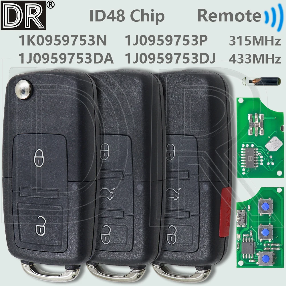 

DR ID48 Chip 1J0 Or 1K0959753... Car Remote Key For VW Volkswagen Golf Passat Polo Bora Sharan Touran Leon Toledo Jetta