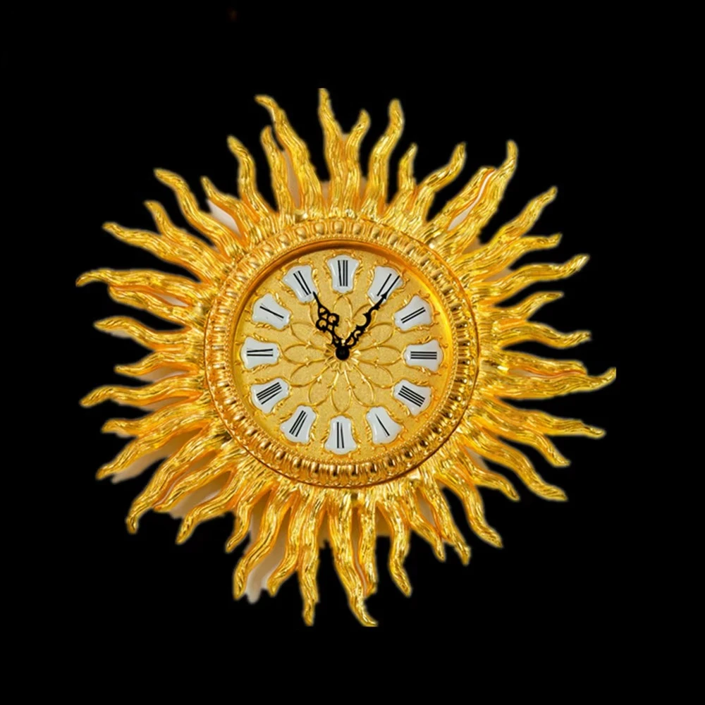 Gorgeous Royal Palace European Style Copper 24K Gold Plated Wall Decorative Hanging Clock Sun Shaped Wall Clock
