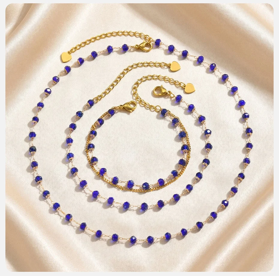 Vnox Trendy Boho Spacer Bead Chain Armbänder für Frauen, blauer Kristall, goldfarben, doppellagiges Gliederkettenarmband, Schmuck, Geschenke – Detail 6