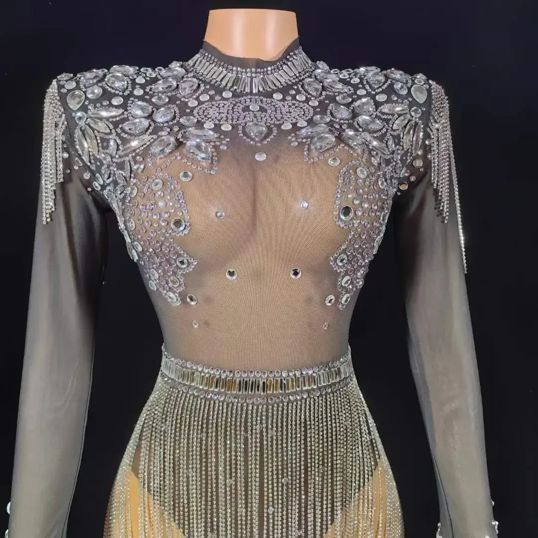 

Nightout Bodycon Graduation Cloth Women Nude Drill Fringe Shinning Rhinestone Crystals See Thru Sheer Mesh Bodysuits