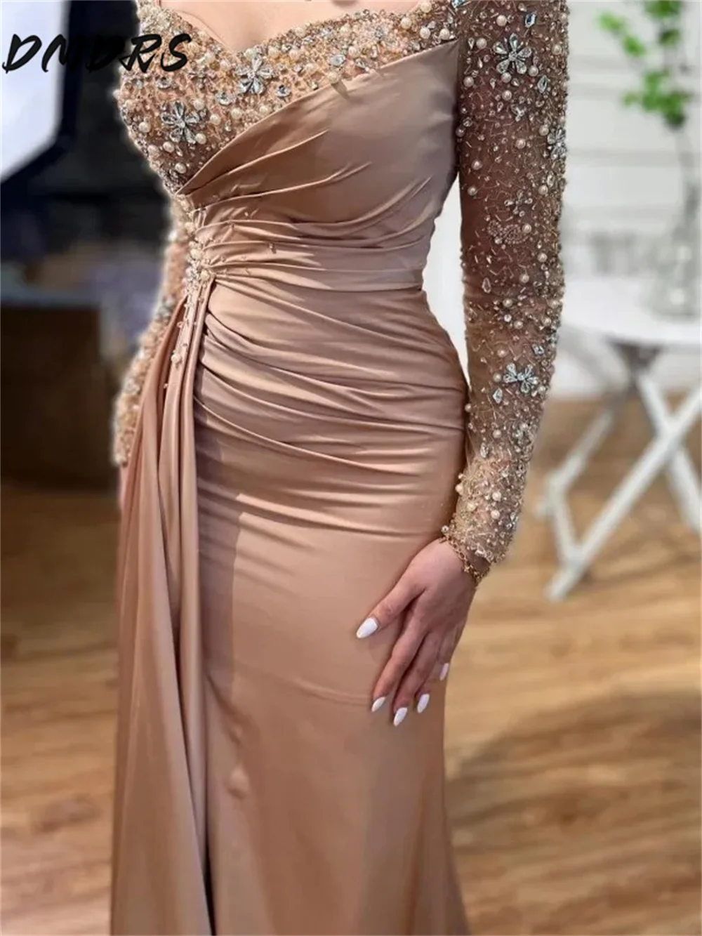 Elegant Long Sleeve Evening Gown Charming Mermaid Party Dress Solemn Beaded Satin Floor Length Gown Customized Vestidos De Novia