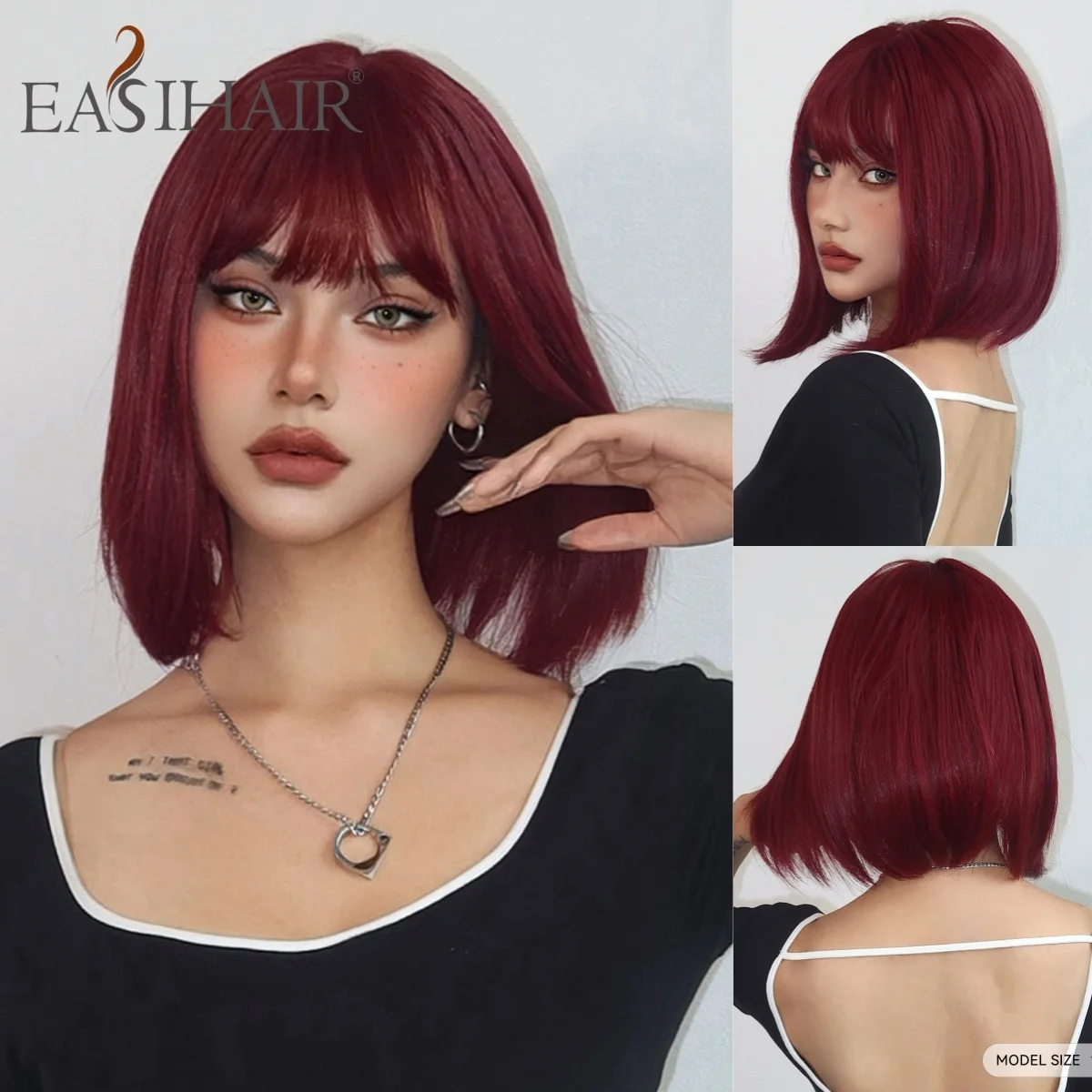 Short Straight Bob Wig Burgundy Red Heat Resistant Synthetic Fiber Natural Looking Hair for Women Daily Party Cosplay Halloween