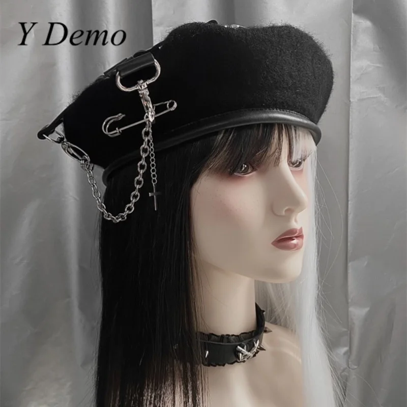 Y Demo Gothic Handmade Pu Cross Buckles Movable Pins Women\'s Beret Punk Hat Grunge