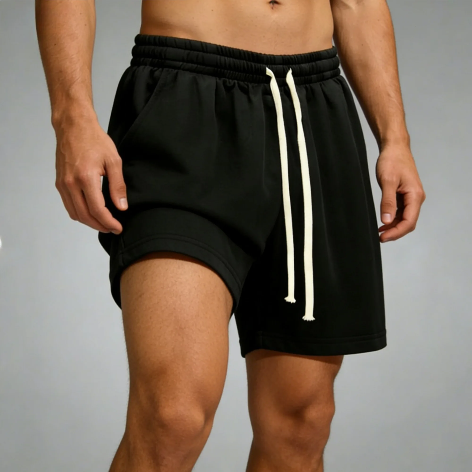 

Мужские летние спортивные шорты на шнурке для повседневного бега, спортивные шорты, однотонные свободные спортивные шорты на шнурке