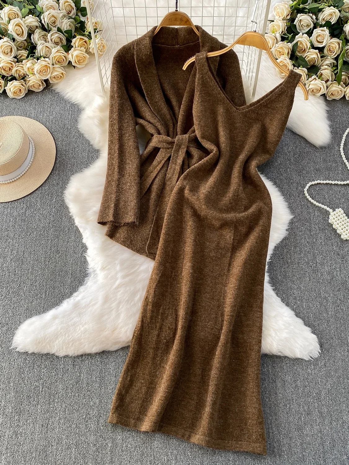 

Ele Knitted Plu Outerwear Women's High Waist Belted Midi Dr Set Soft Cozy Commute Sle Autumn Winter Casual Faion