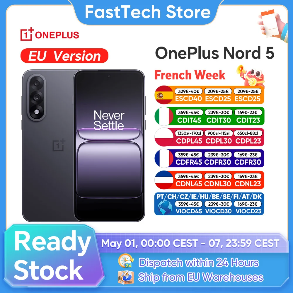 Nouveau smartphone OnePlus Nord 5 5G Snapdragon ™   8s Gen 3, écran AMOLED 6,83 pouces, 144 Hz, 5200 mAh, 80 W SUPERVOOC, double appareil photo 50 MP