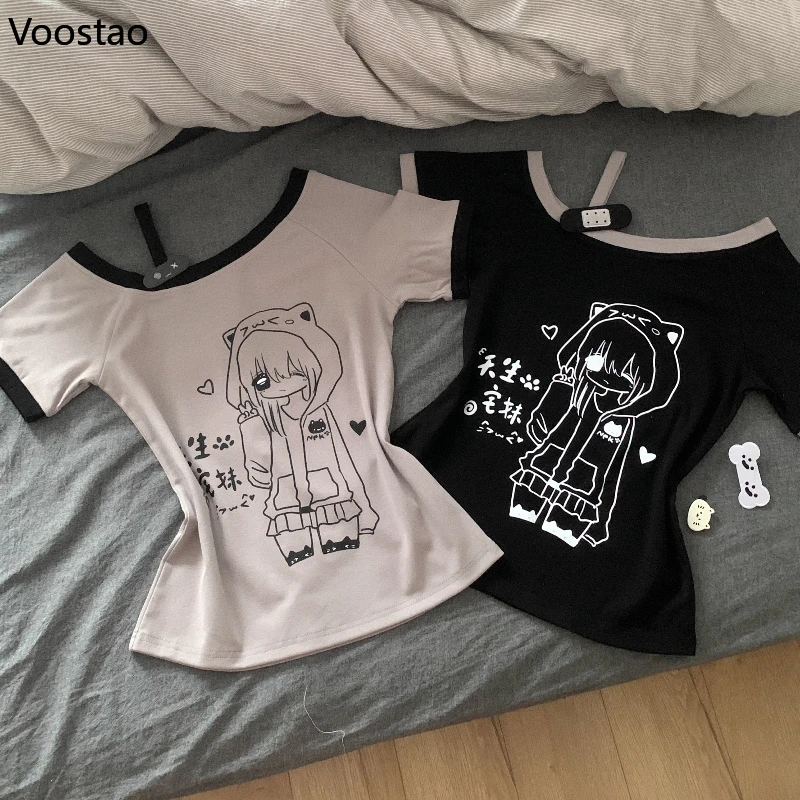 

Japanese Kawaii Anime Print Lolita T-Shirts Women Y2k Aesthetic Off Shoulder Slim Tops Sweet Short Sleeve Grunge Gothic Tees