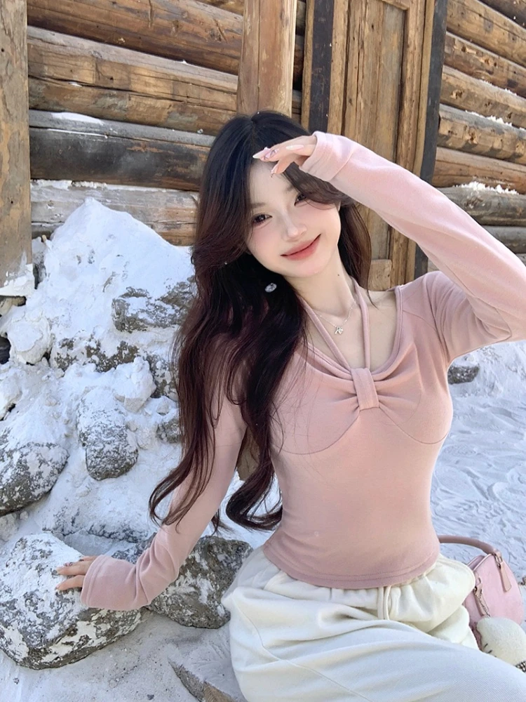 Halter T-shirty damskie Skinny Simple Gentle Basic Streetwear Korean Fashion Temper Sexy Spicy Girl Wiosna Jesień Basic Y2k Tops