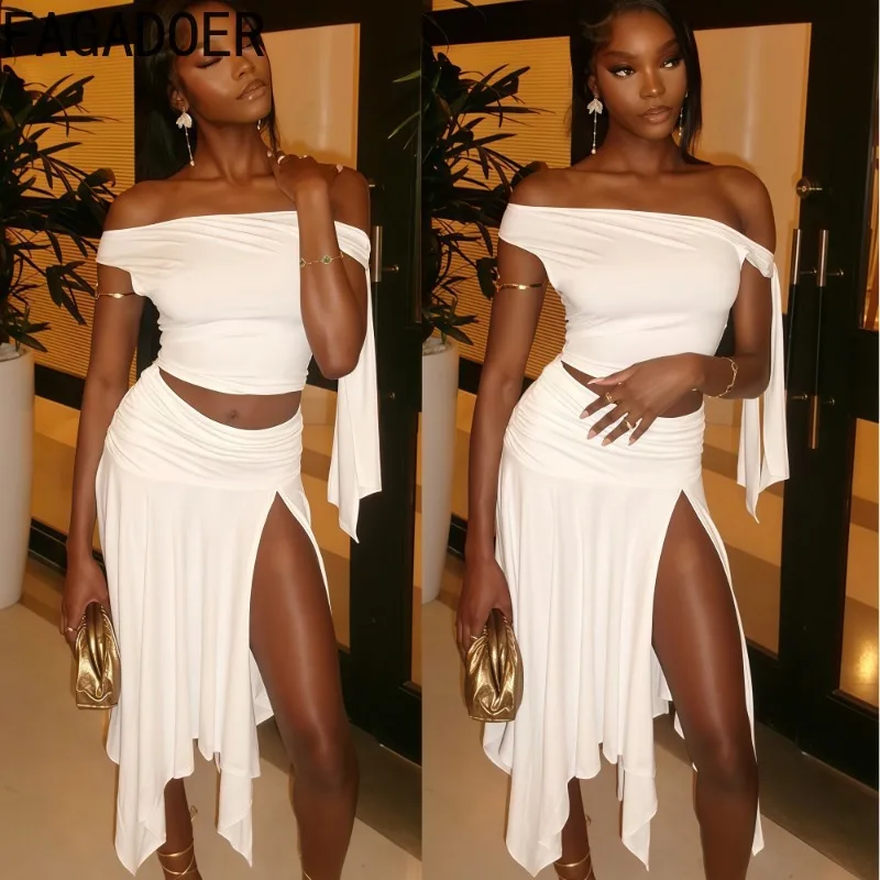 

FAGADOER Elegant Irregular Patchwork 2 Pieces Set for Woman Off Shoulder Crop Tops and High Slit Skirts Female Streetwear New