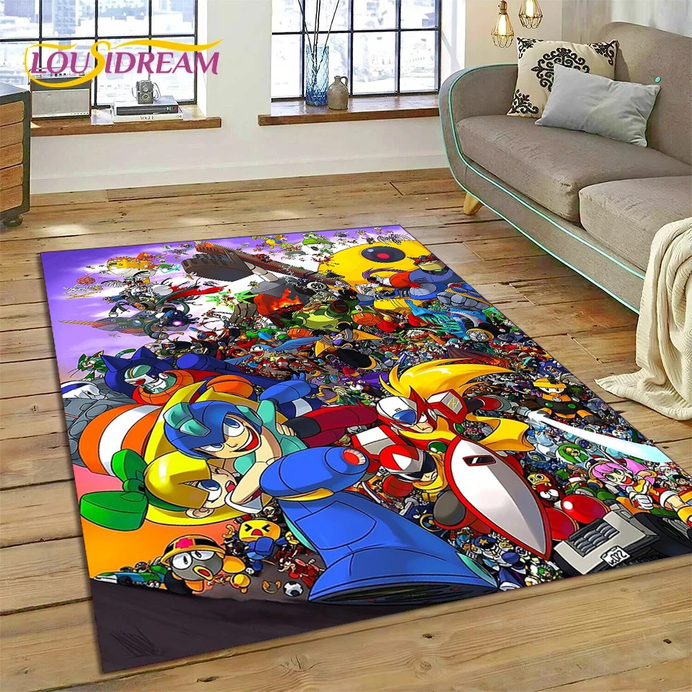 Retro Cartoon Rockman Mega Man Game Rug Carpet for Living Room Bedroom Home Decor,Floor Mat Non-slip Decoration for Sofa Doormat