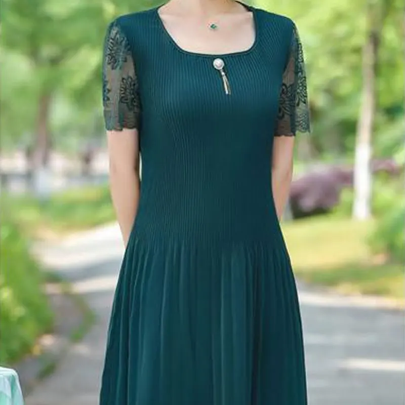 Casual Solid Color Pleated Midi Dress Stylish Lace Patchwork Summer Short Sleeve Female Three-dimensional Decoration Dresses New