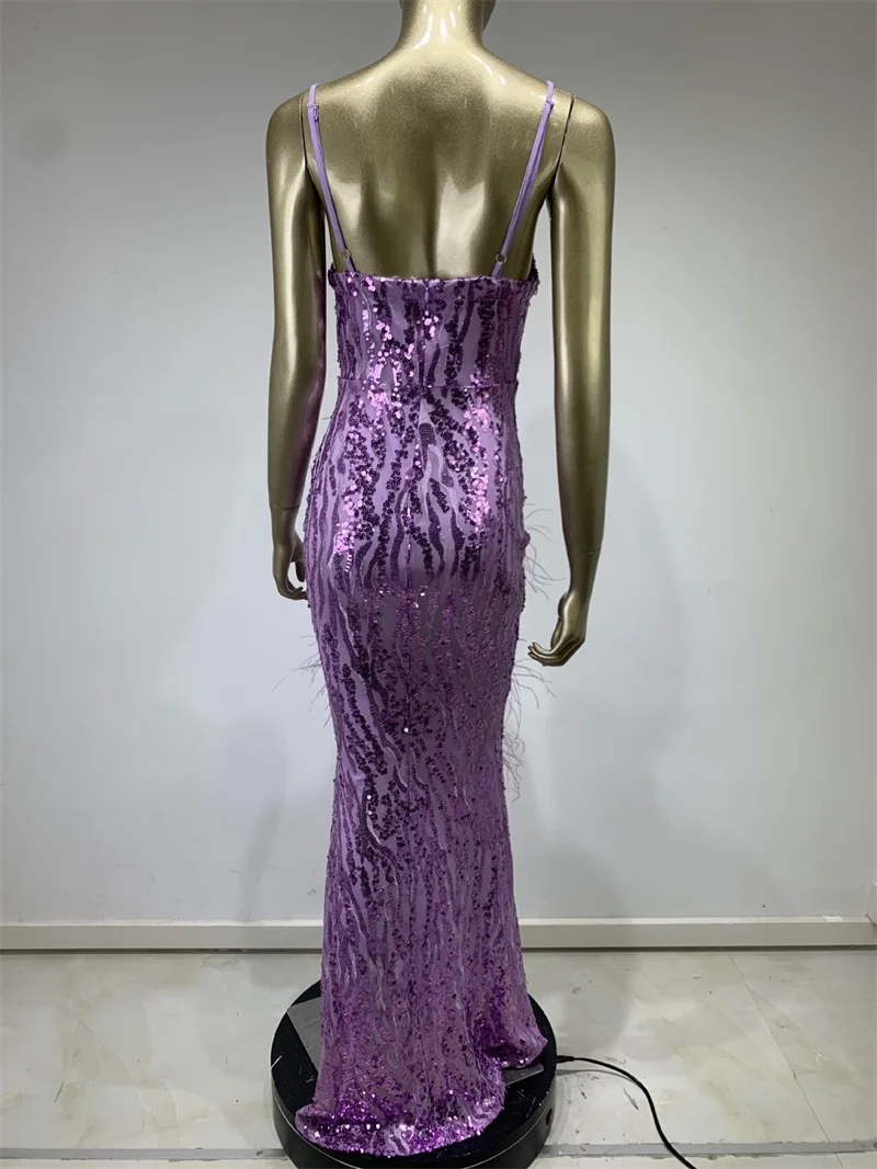 Sequins Spaghetti Strap Feather Women Prom Dress High Split Deep-V Neck Evening Dress Purple Backless Party Gown Newest In Stock