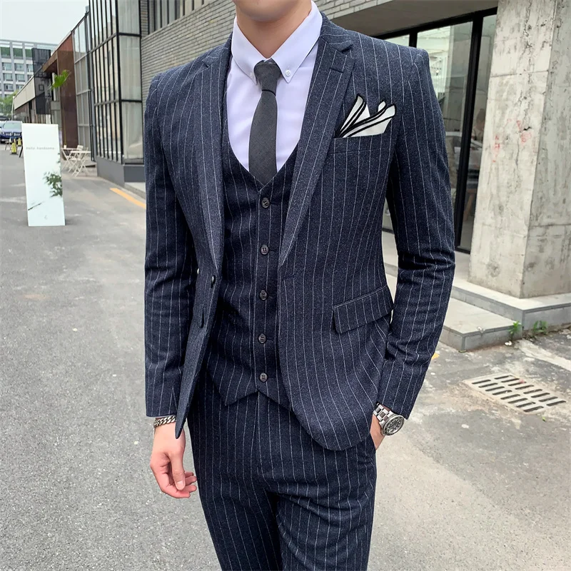 

New Men Business Social Stripe Suit 3 Piece Gray / Navy Blue 2024 Men's Single Breasted Slim Fit Swallowtail Dress Set