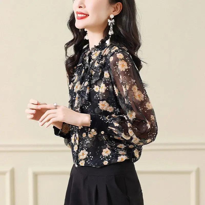 Women Vintage Floral Print Ruffles Elegant Shirts Spring Autumn Fashion Chic Blouses Long Sleeve Loose Tops Chiffon Blusa Mujer