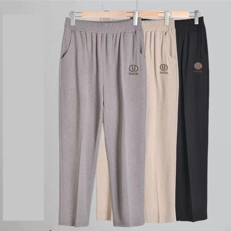 

Oversize Middle Aged Elderly Women's Pants New Summer Thin Elastic Waist Straight Pants Mother Casual Loose Stretch Trousers