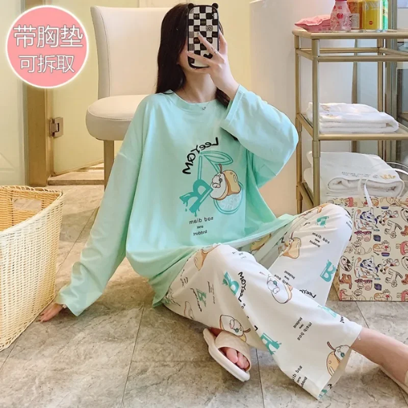 5XL Plus Size Ladies Pajamas Set with Chest Pad Korean Autumn Students Loose Loungewear Long Sleeve Tops and Trouser Home Wear