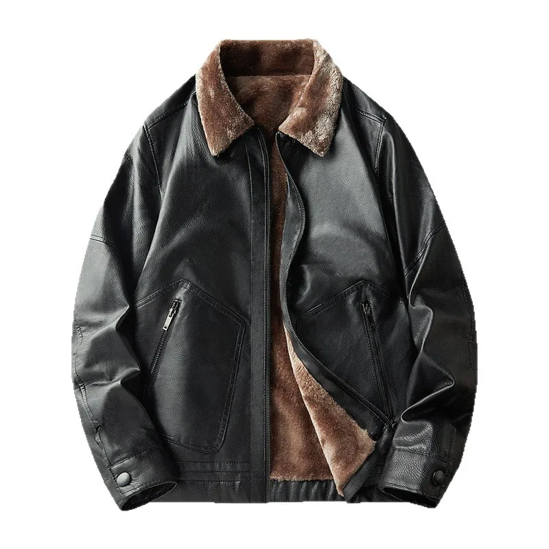 

Autumn and Winter Thick Velvet Leather Jacket PU Leather Men's Leather Jacket Motorcycle Suit Casual Loose Collar Jacket for Men