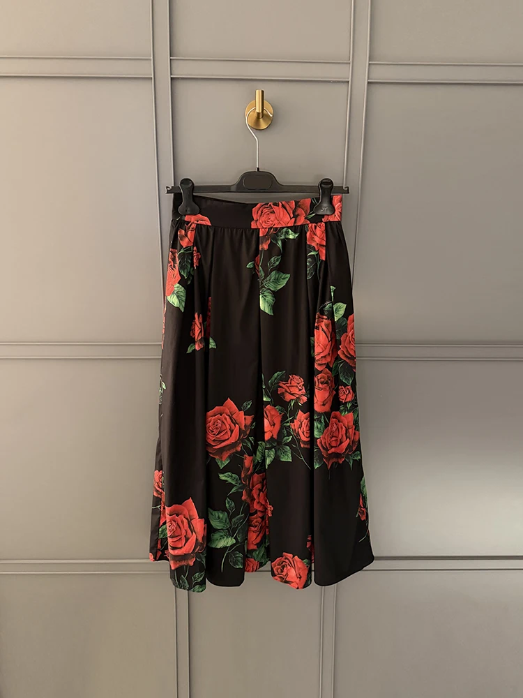 Spring Summer Fashion Party Vintage Rose Pattern Printing Cotton Long Skirt Women's Middle Waist Slim A-Line Big Swing Skirt