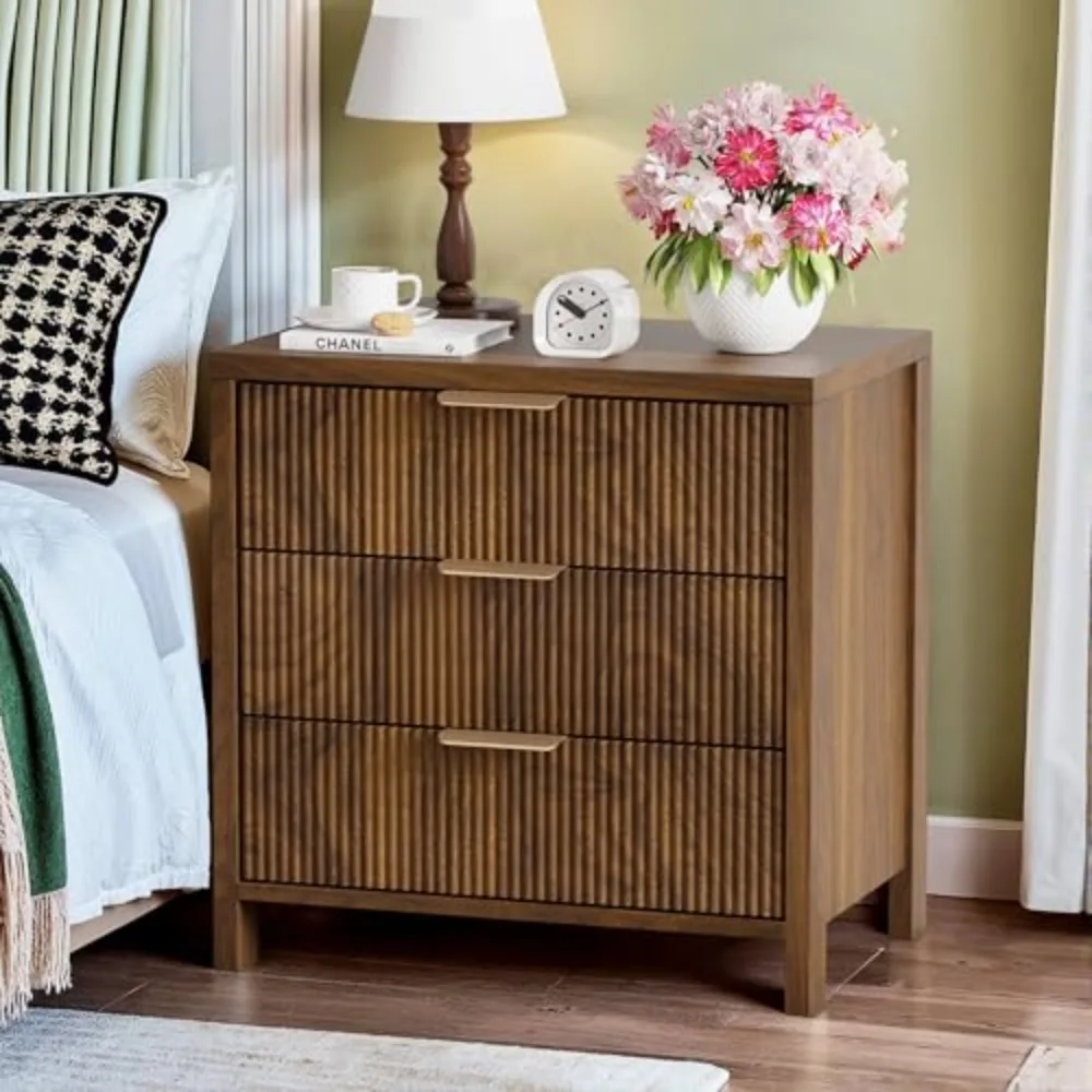 Fluted Nightstand, 23.7'' Wide Night Stand with 3 Drawers, Mid-Century Modern Bedside Table with Handles, Wood End