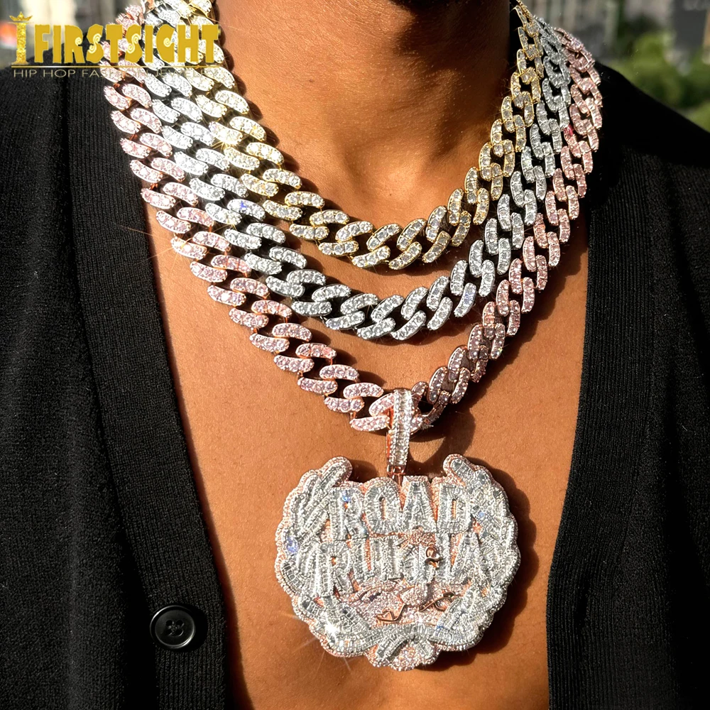 

Iced Out Bling Letter Road Runna Pendant Necklace CZ Cubic Zirconia 12mm Cuban Chain Badge Charm Men Fashion Hip Hop Jewelry