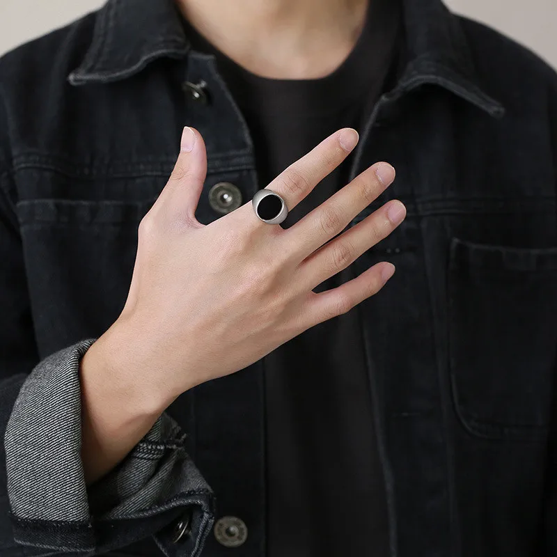 Men's Gothic Punk Signet Ring with Round Square Top
