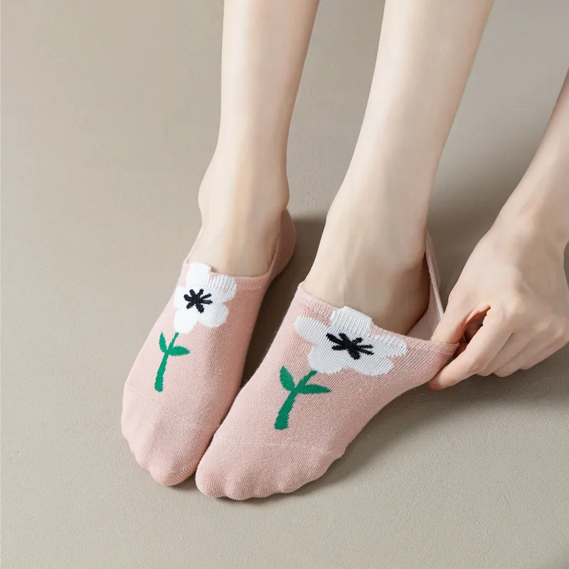 5 Pairs Summer Women Floral Socks High-quality Thin Breathable And Comfortable Silicone Anti Slip Plant Socks Hot Sellers