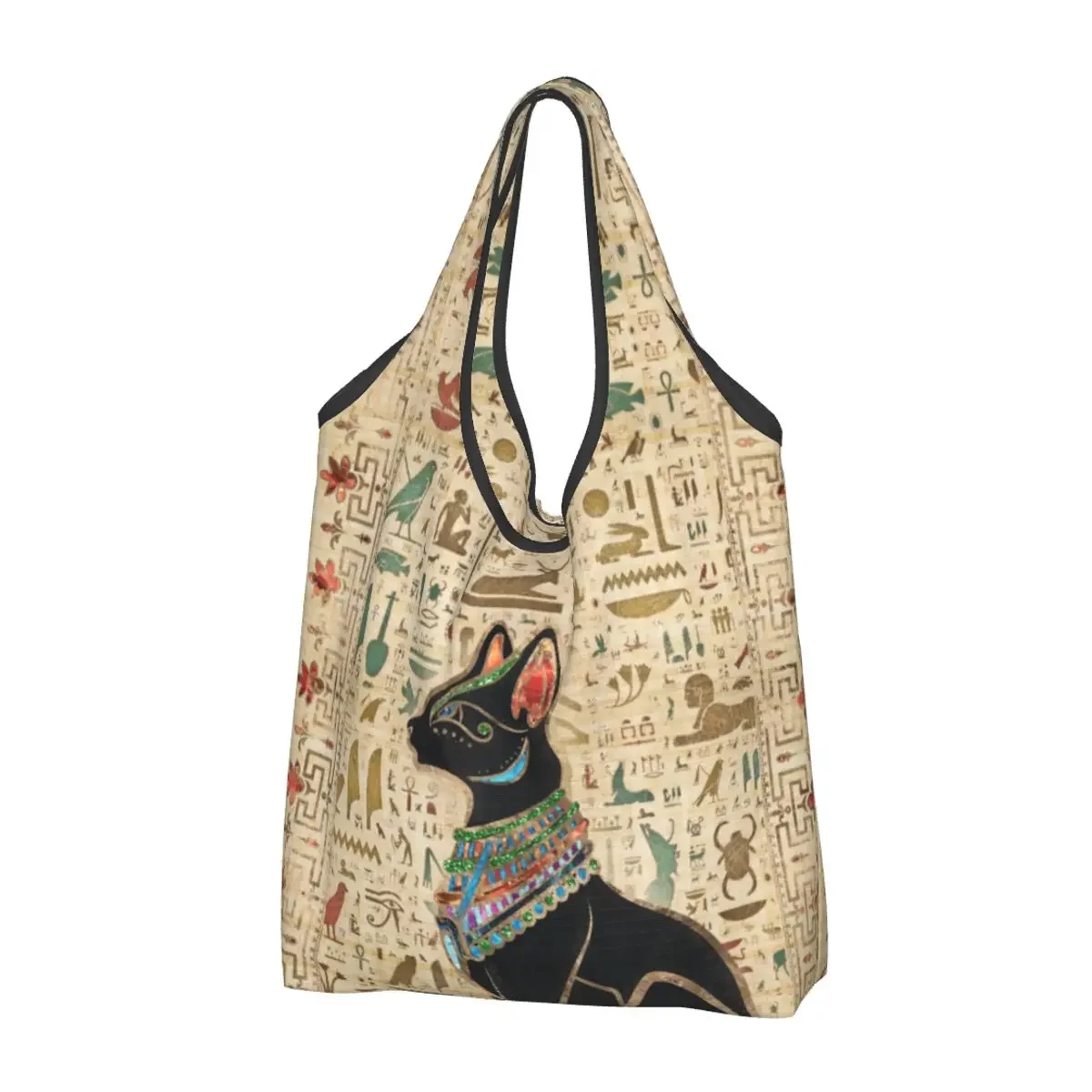 

Reusable Egyptian Cat Shopping Bags for Groceries Foldable Ancient Egypt Hieroglyphs Grocery Bags Washable Large Tote Bags