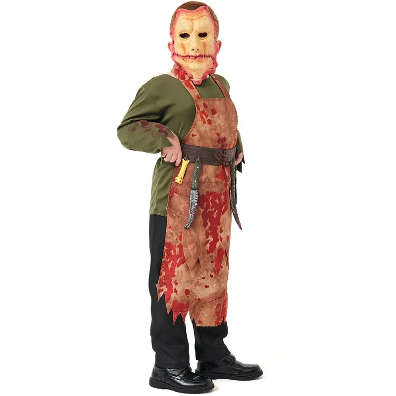 Boy Kid Scary Butcher Costume Halloween Chef Outfit Bloody Apron Mask Party Role Play Uniform Cosplay Costumes Masquerade view 3