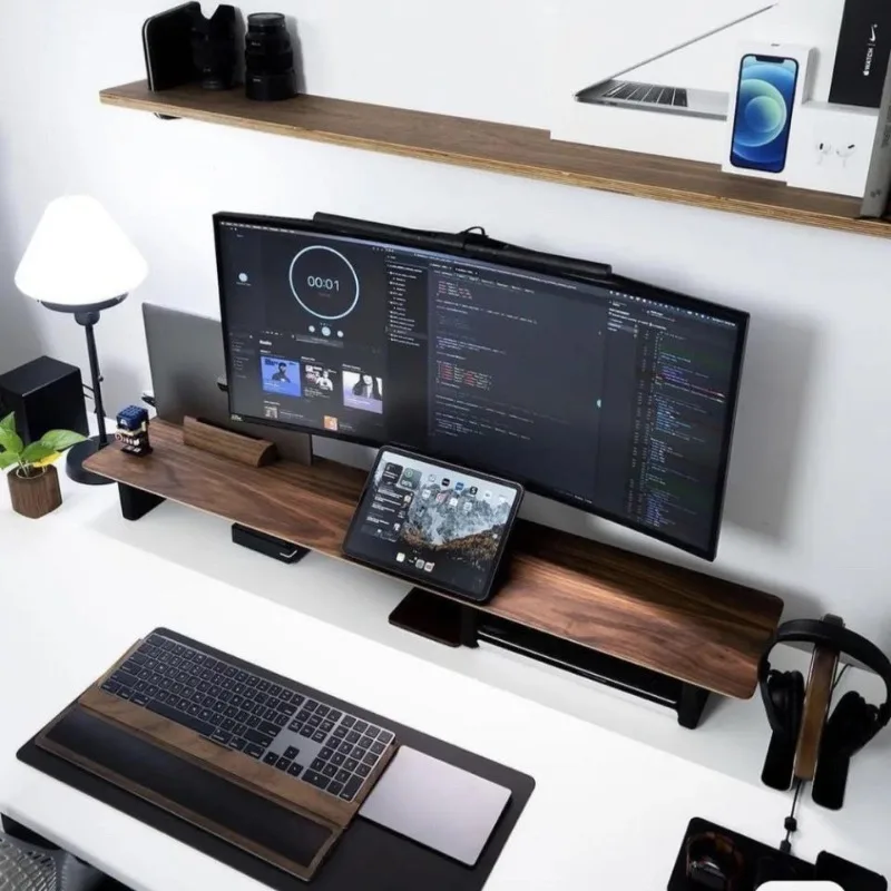 Modern Minimalist Walnut Wood Monitor Riser Adjustable Laptop Stand Heat Dissipation Desktop Shelf Organizer Home Decor Novelty